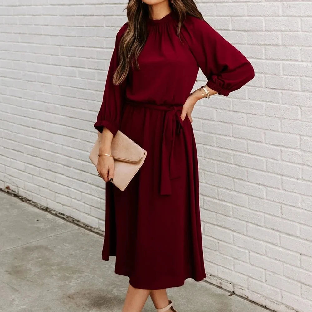 ✨ Women’s Belted A-Line Midi Dress – Long Sleeve Office Outfit