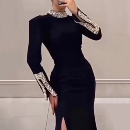 Women’s Rhinestone Patchwork Dress – Long Sleeve Elegant Banquet Outfit