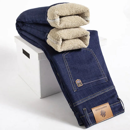 🔥 Men’s Winter Fleece Straight Jeans – High Waist Warm Denim