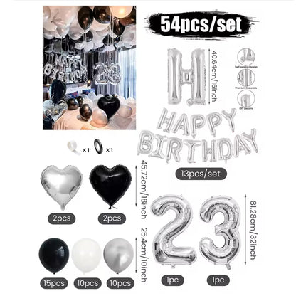 Black & White Balloon Decoration Set with Silver Banner (30/54pcs)