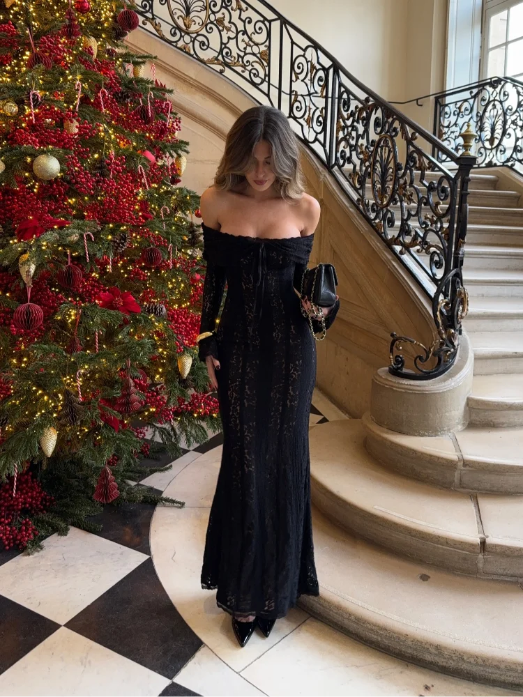 Women’s Lace Evening Gown – Long Sleeve Elegant Party Dress