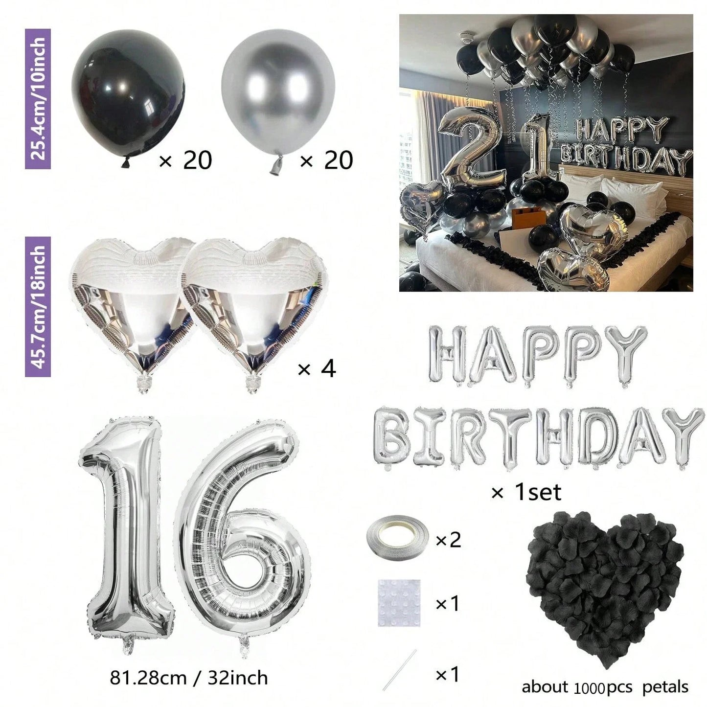 Black & Silver Birthday Balloon Decoration Set – 1050pcs Party Kit