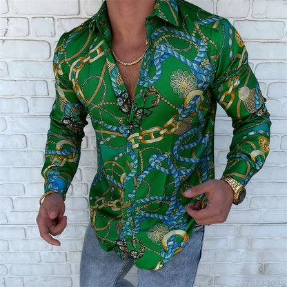 Men’s Luxury Chain Print Slim Fit Long Sleeve Shirt