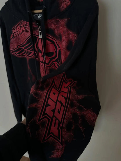🔥 Men’s Skull Print Zip Up Hoodie – Black & Red Streetwear