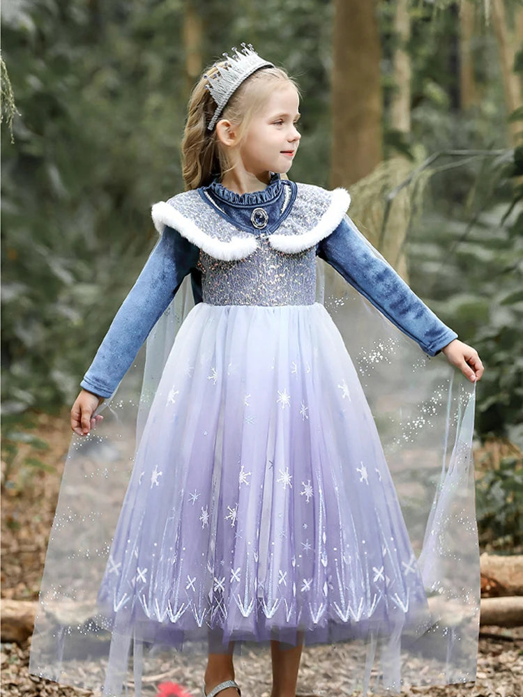 Girls Blue Velvet Princess Dress with Cape