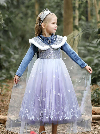 Girls Blue Velvet Princess Dress with Cape