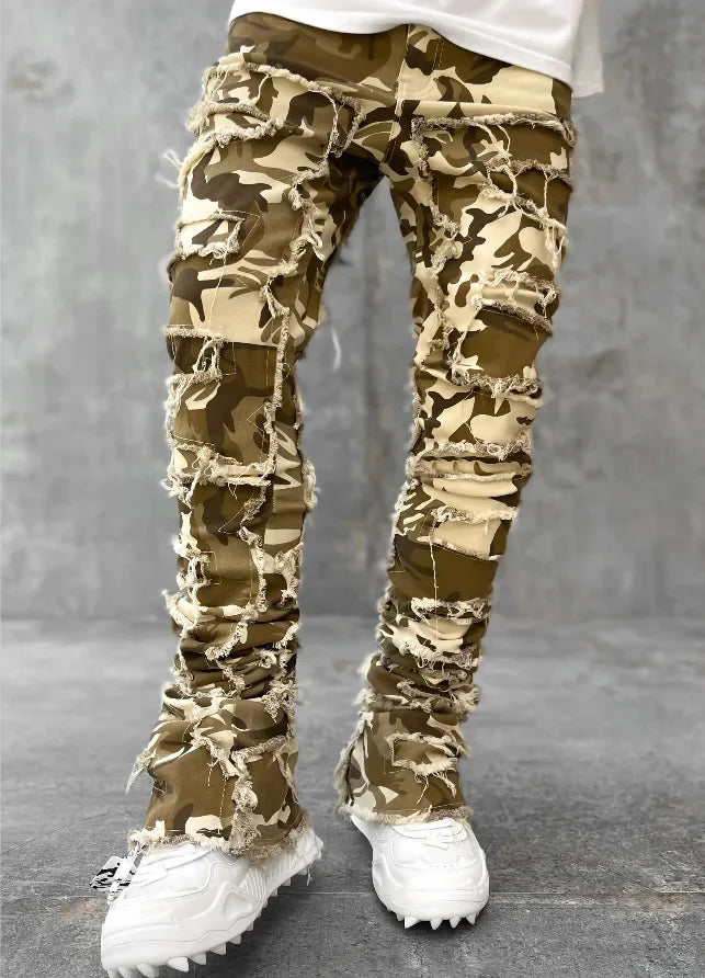 Men’s Ripped Stacked Jeans – Slim Fit Distressed Denim Pants