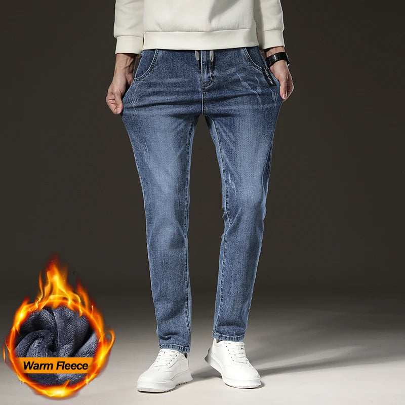 ❄️ Men’s Winter Fleece Jeans – Slim Straight Light Blue Denim