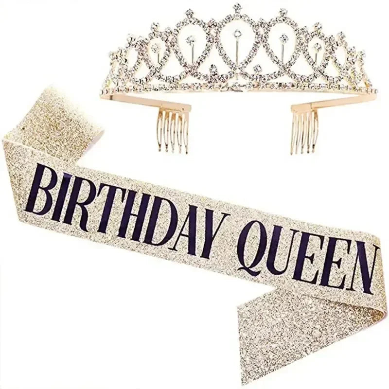 Bling Rhinestone Crystal Crown Tiara with Birthday Satin Sash