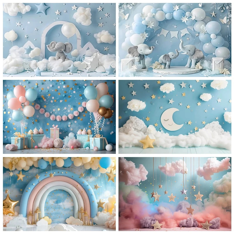 Blue Starry Sky Baby Shower & Birthday Backdrop | Cloud & Moon Party Photo Background