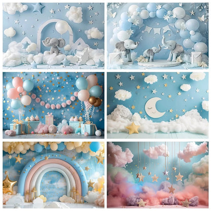 Blue Starry Sky Baby Shower & Birthday Backdrop | Cloud & Moon Party Photo Background