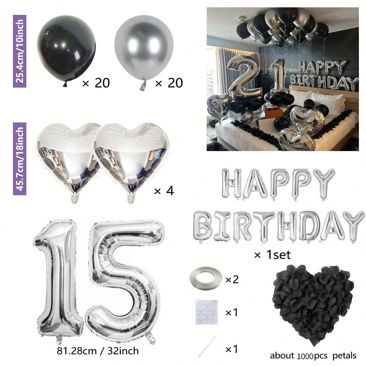 Black & Silver Birthday Balloon Decoration Set – 1050pcs Party Kit
