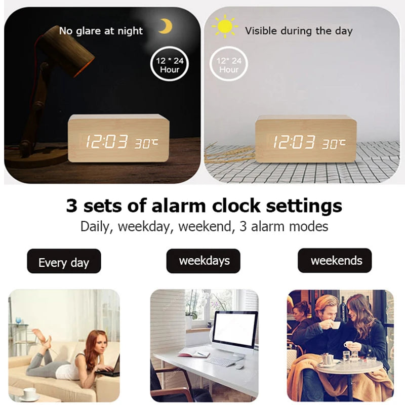 Glomexia Wooden LED Alarm Clock 🌿