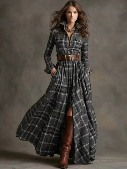 Owner Girl Plaid Long Dress 👗 | Trendy A-Line Button Style Women’s Wear