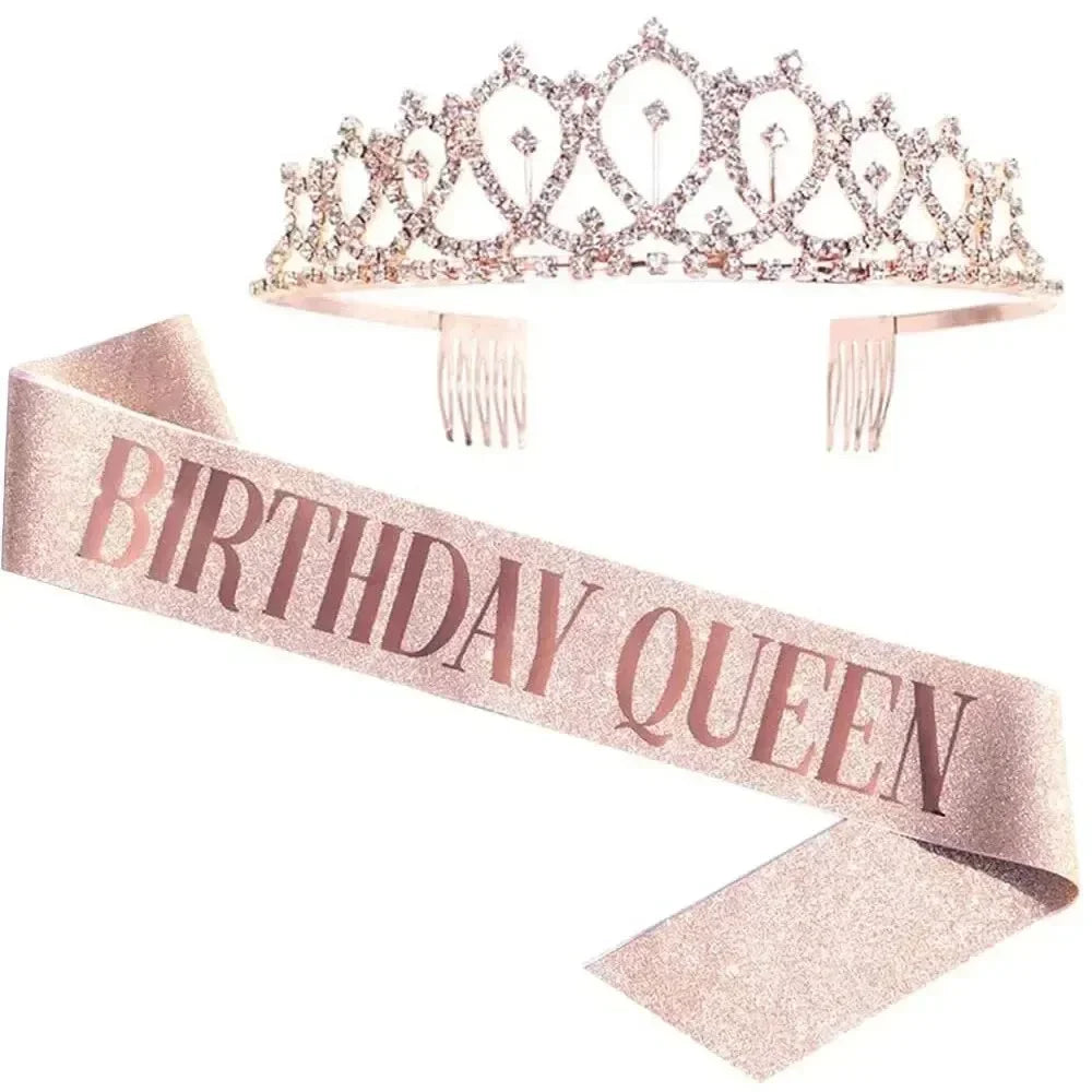 Bling Rhinestone Crystal Crown Tiara with Birthday Satin Sash
