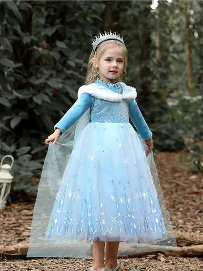 Girls Blue Velvet Princess Dress with Cape