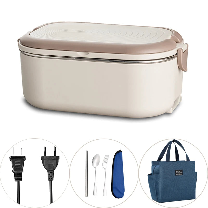 Electric Heated Lunch Box 1000ml 🍱 | Stainless Steel Bento Box with Spoon & Bag