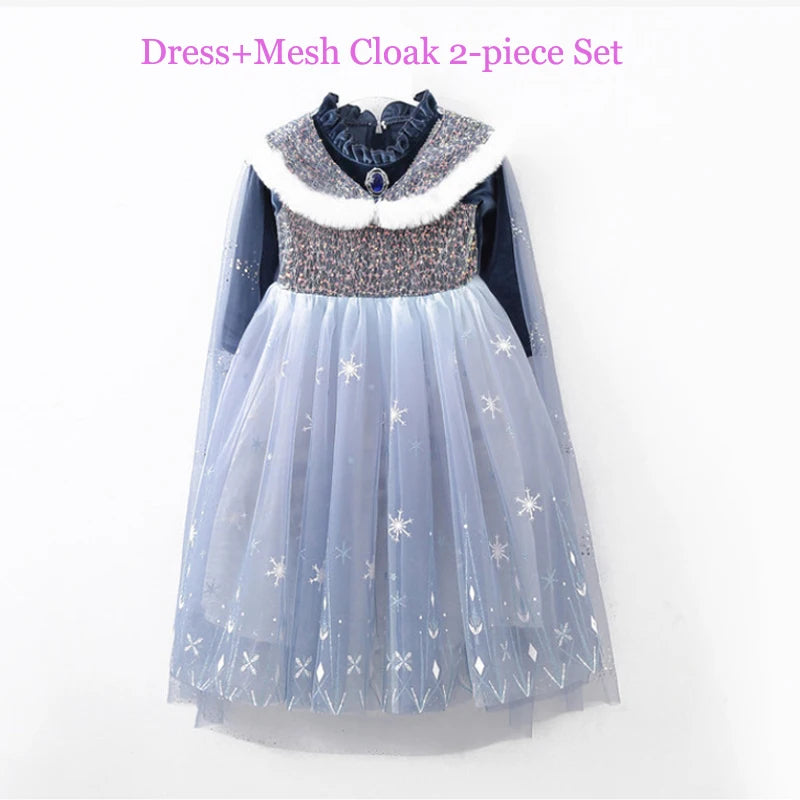 Girls Blue Velvet Princess Dress with Cape