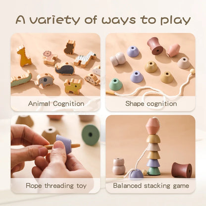 Wooden Animal Threading & Stacking Toy – Montessori Learning Set