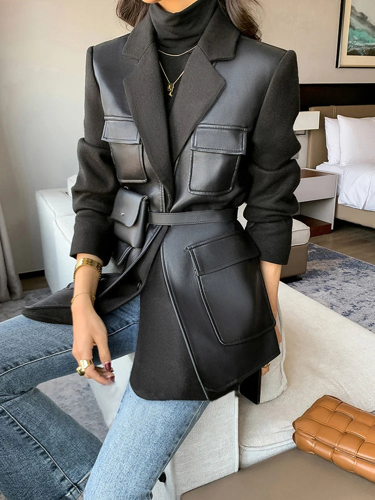 Women Long Faux Leather Coat 🖤 | Casual Belted Jacket