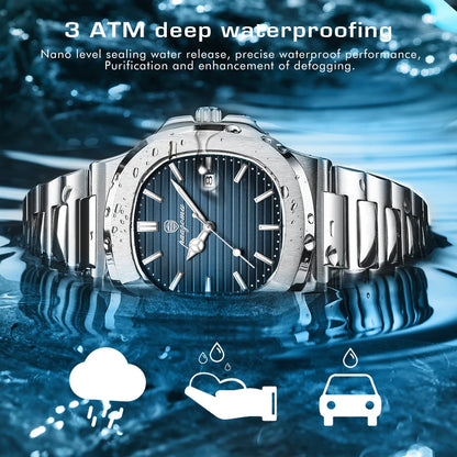 Men’s Square Quartz Watch – Stainless Steel Waterproof Wristwatch
