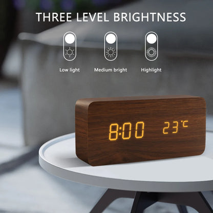 LED Wooden Digital Alarm Clock – Voice Control Table Clock