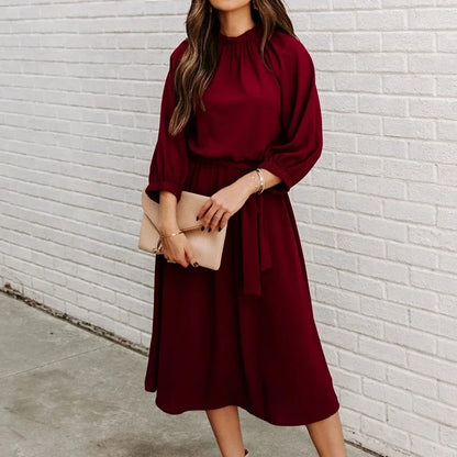 ✨ Women’s Belted A-Line Midi Dress – Long Sleeve Office Outfit