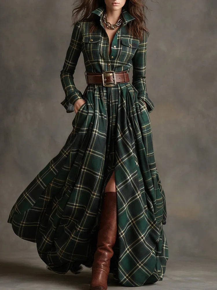 Owner Girl Plaid Long Dress 👗 | Trendy A-Line Button Style Women’s Wear