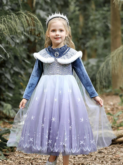 Girls Blue Velvet Princess Dress with Cape
