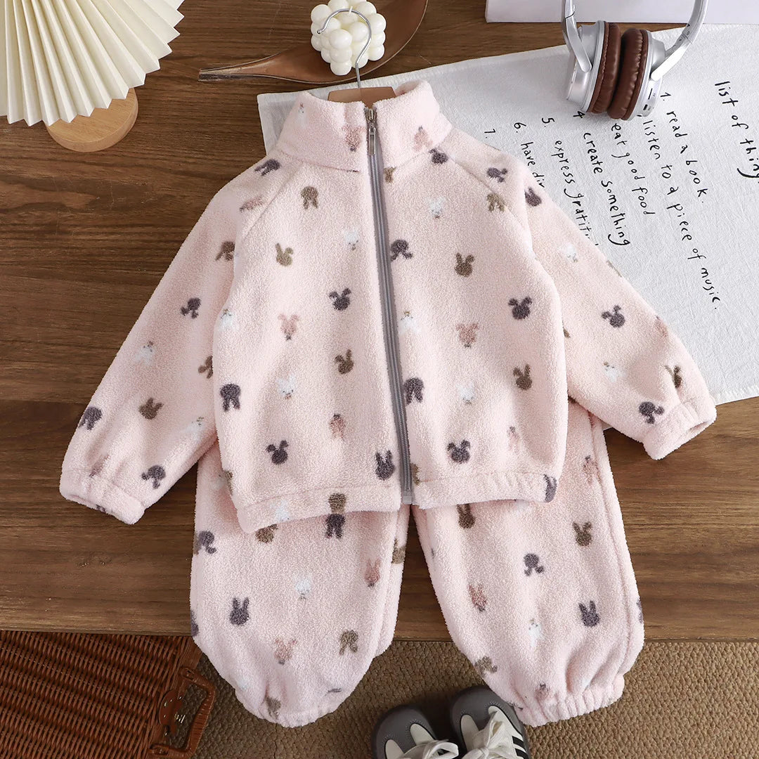Premium Baby Girl Fleece Two-Piece Set – Plush Winter Cartoon Outfit