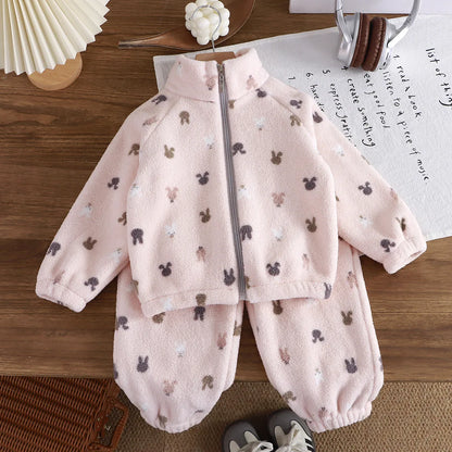 Premium Baby Girl Fleece Two-Piece Set – Plush Winter Cartoon Outfit