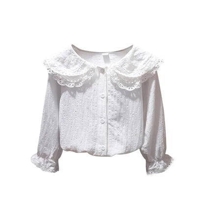🤍 Girls Lace Collar Long Sleeve Top – Korean Style Autumn Shirt (2-8Y)