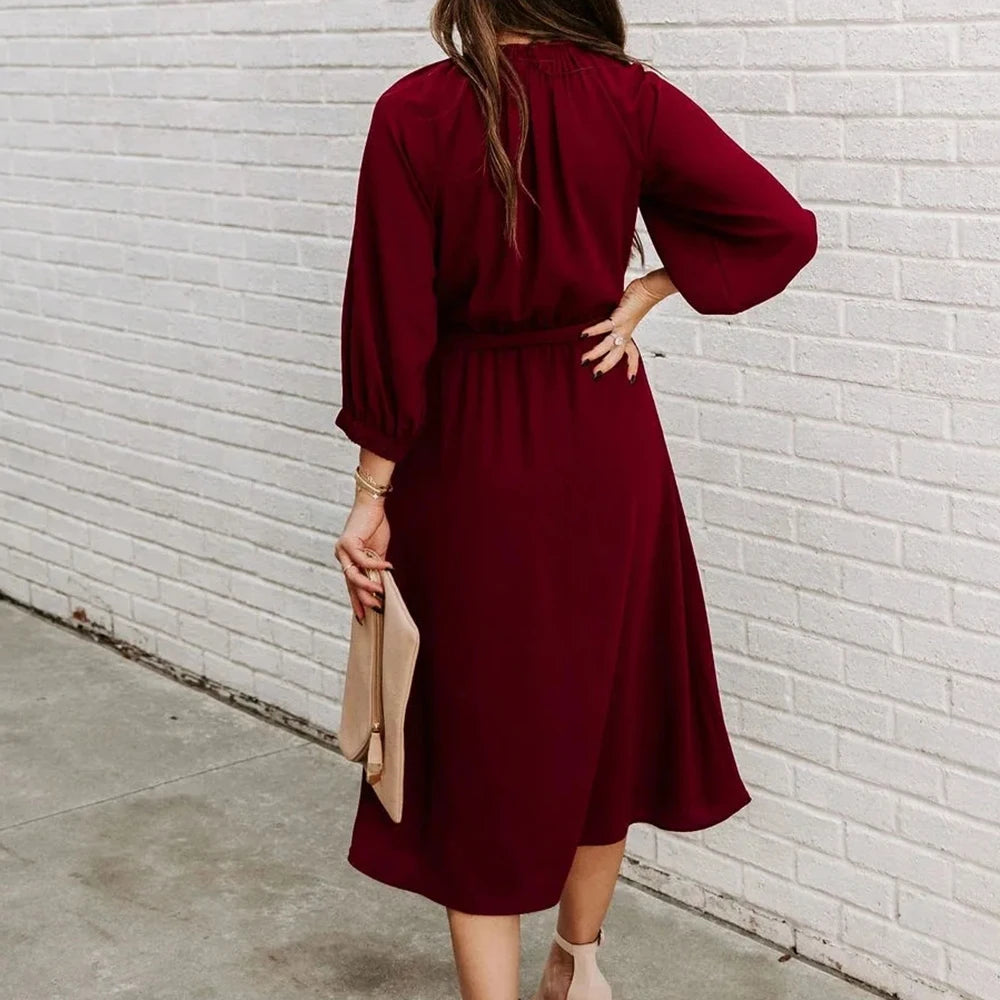 ✨ Women’s Belted A-Line Midi Dress – Long Sleeve Office Outfit