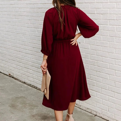 ✨ Women’s Belted A-Line Midi Dress – Long Sleeve Office Outfit