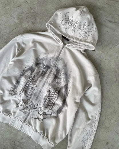 Vintage Skull Zip-Up Hoodie – Y2K Streetwear Sweatshirt for Men