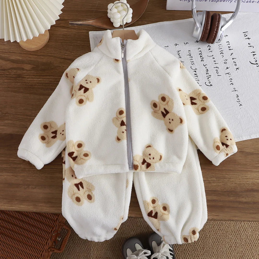 Premium Baby Girl Fleece Two-Piece Set – Plush Winter Cartoon Outfit