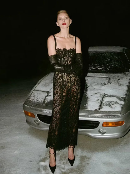 Women’s Lace Spaghetti Strap Maxi Dress – V-Neck Bodycon Gown