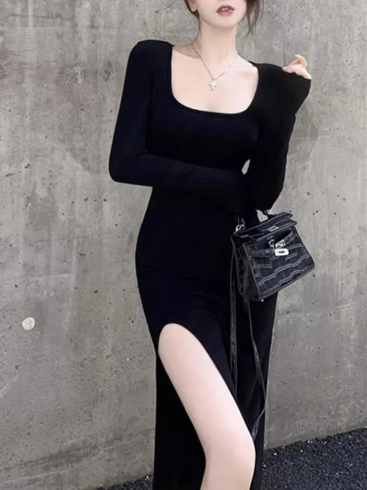 Women’s Side Slit Bodycon Dress – Long Sleeve Wrap Hip Gown