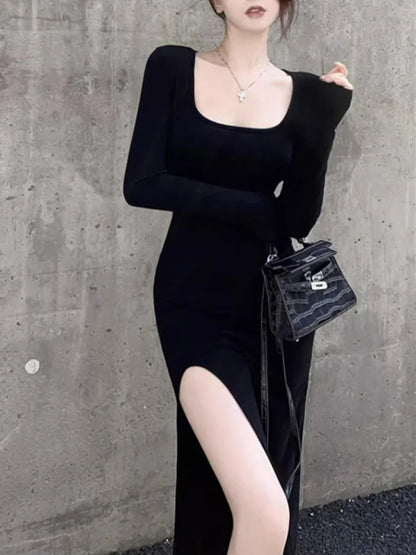 Women’s Side Slit Bodycon Dress – Long Sleeve Wrap Hip Gown