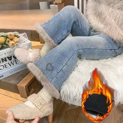 Girls Fleece Flared Jeans – Winter Warm Pants
