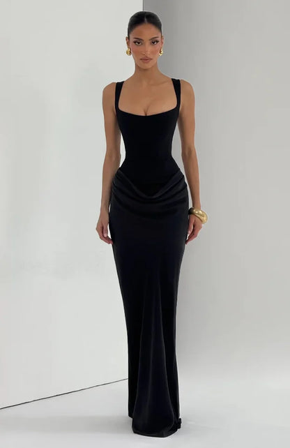 Glomexia Pleated Sling Dress ✨ | Square Neck Party Gown