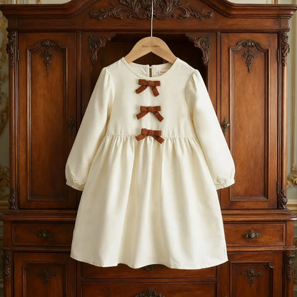 Premium Beige Girls Bow Princess Dress – Autumn Casual Wear