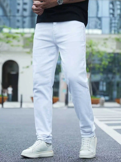👖✨ Men’s Slim Fit White Stretch Denim Pants – All Season Comfort