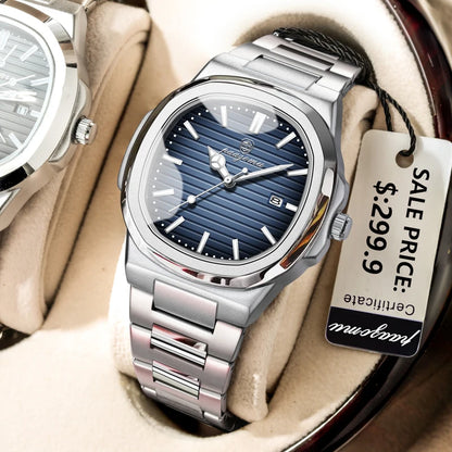 Men’s Square Quartz Watch – Stainless Steel Waterproof Wristwatch