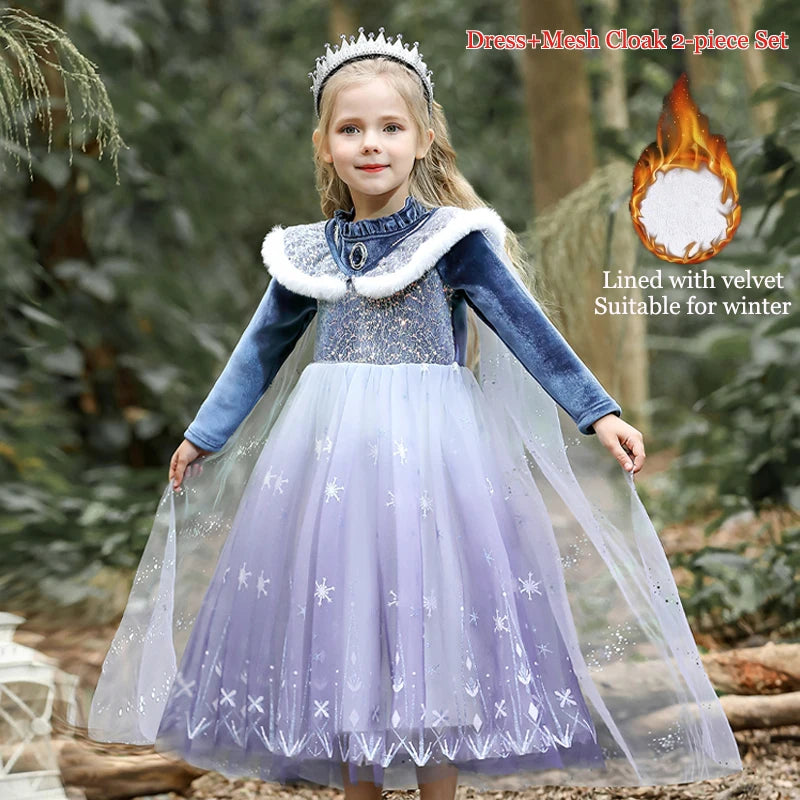 Girls Blue Velvet Princess Dress with Cape