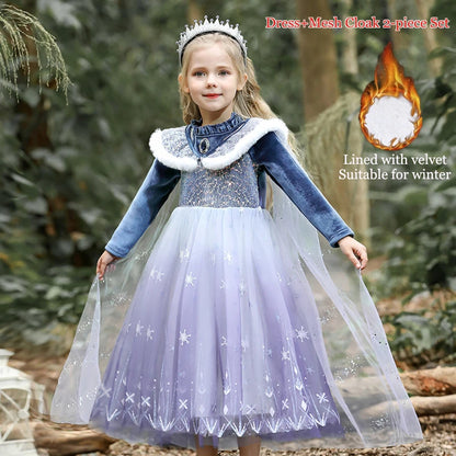 Girls Blue Velvet Princess Dress with Cape