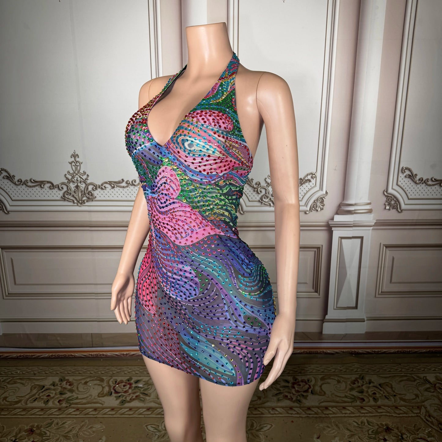Women’s Patchwork Mini Dress – V-Neck Geometric Bodycon