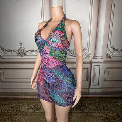 Women’s Patchwork Mini Dress – V-Neck Geometric Bodycon