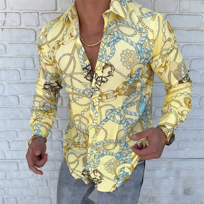 Men’s Luxury Chain Print Slim Fit Long Sleeve Shirt
