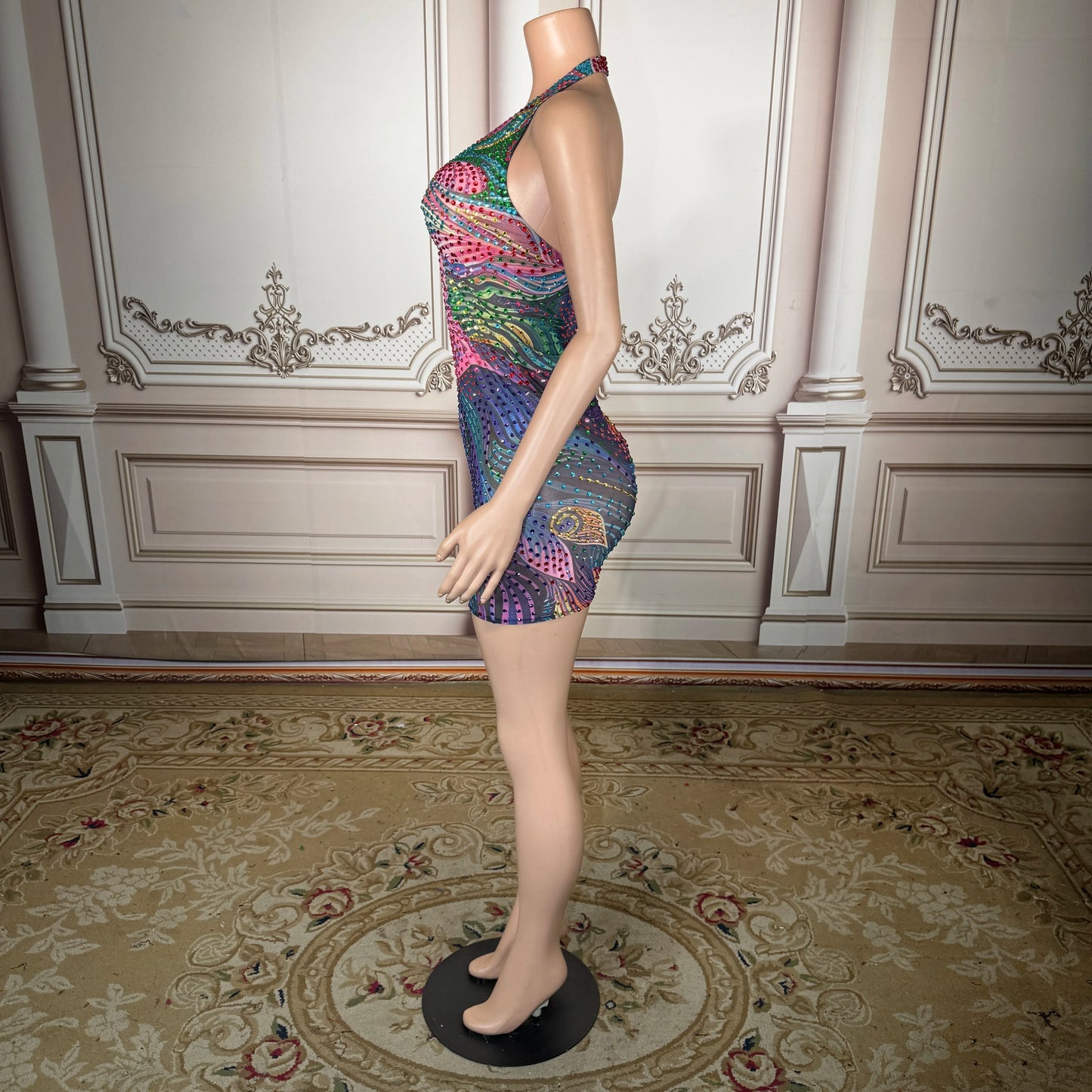 Women’s Patchwork Mini Dress – V-Neck Geometric Bodycon